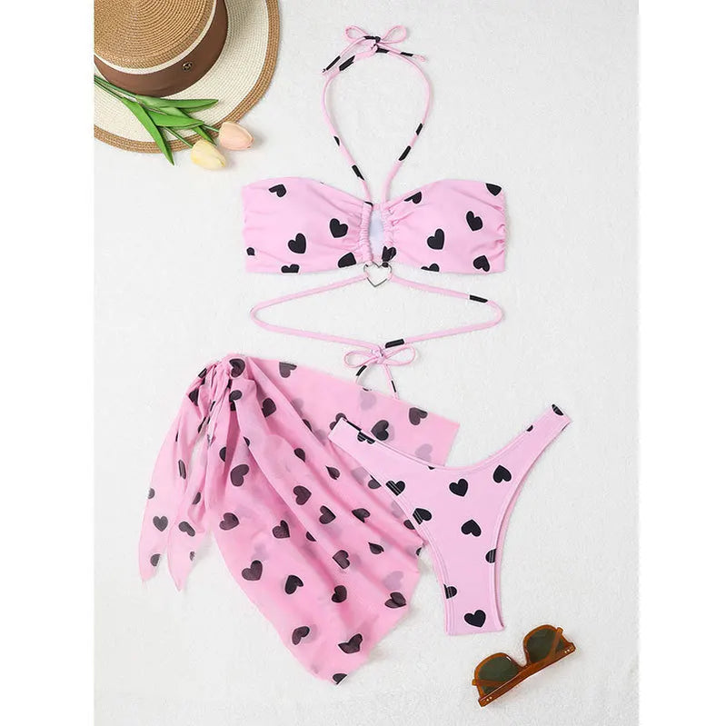 Women 3pack Heart Print Bikini Sets With Skirt Bandeau Swimsuit Thong Swimwear Beach Cover-Up Push Up Biquinis Bathing Suit pink