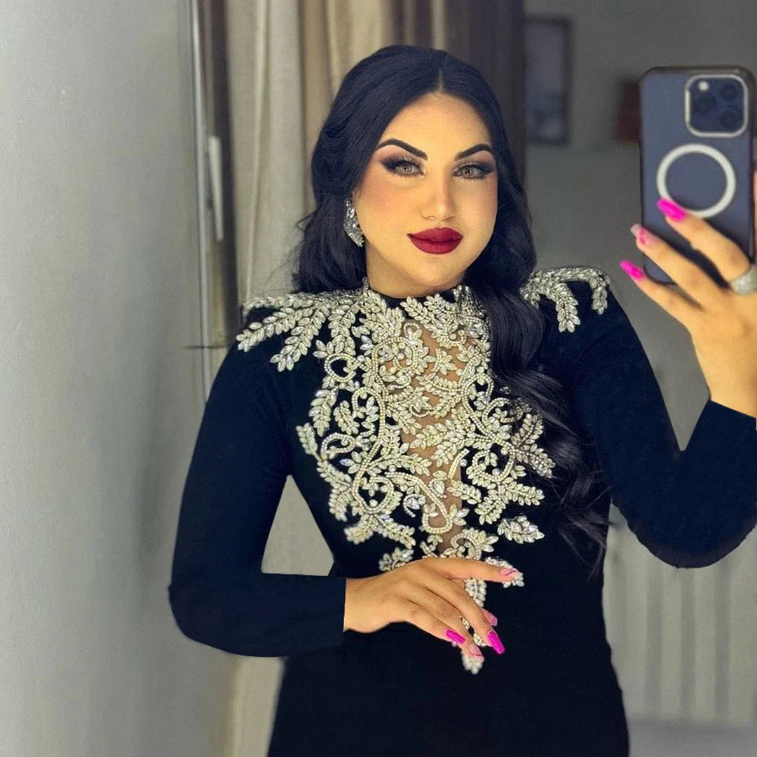 Sparkly Crystal Women Long Sleeve Sexy O-Neck Bodycon Long Bandage Dress Celebrate Elegant Evening Party Outfit