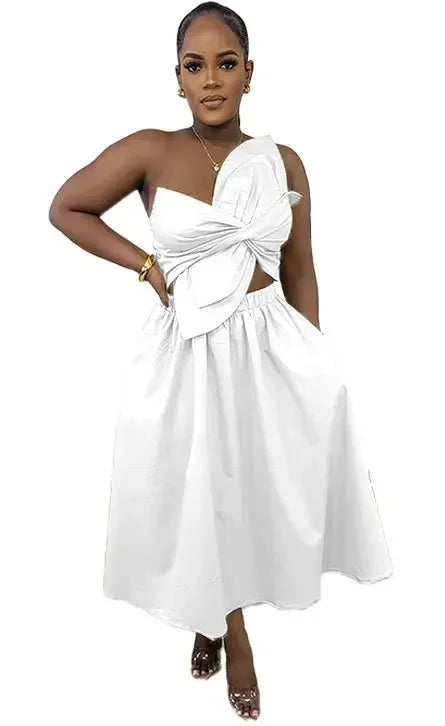 CM.YAYA Women Big Petal Front Strapless Midi Long Dress 2024 Summer Street Vestidos Sexy Party Evening Chic Big Swing Dresses