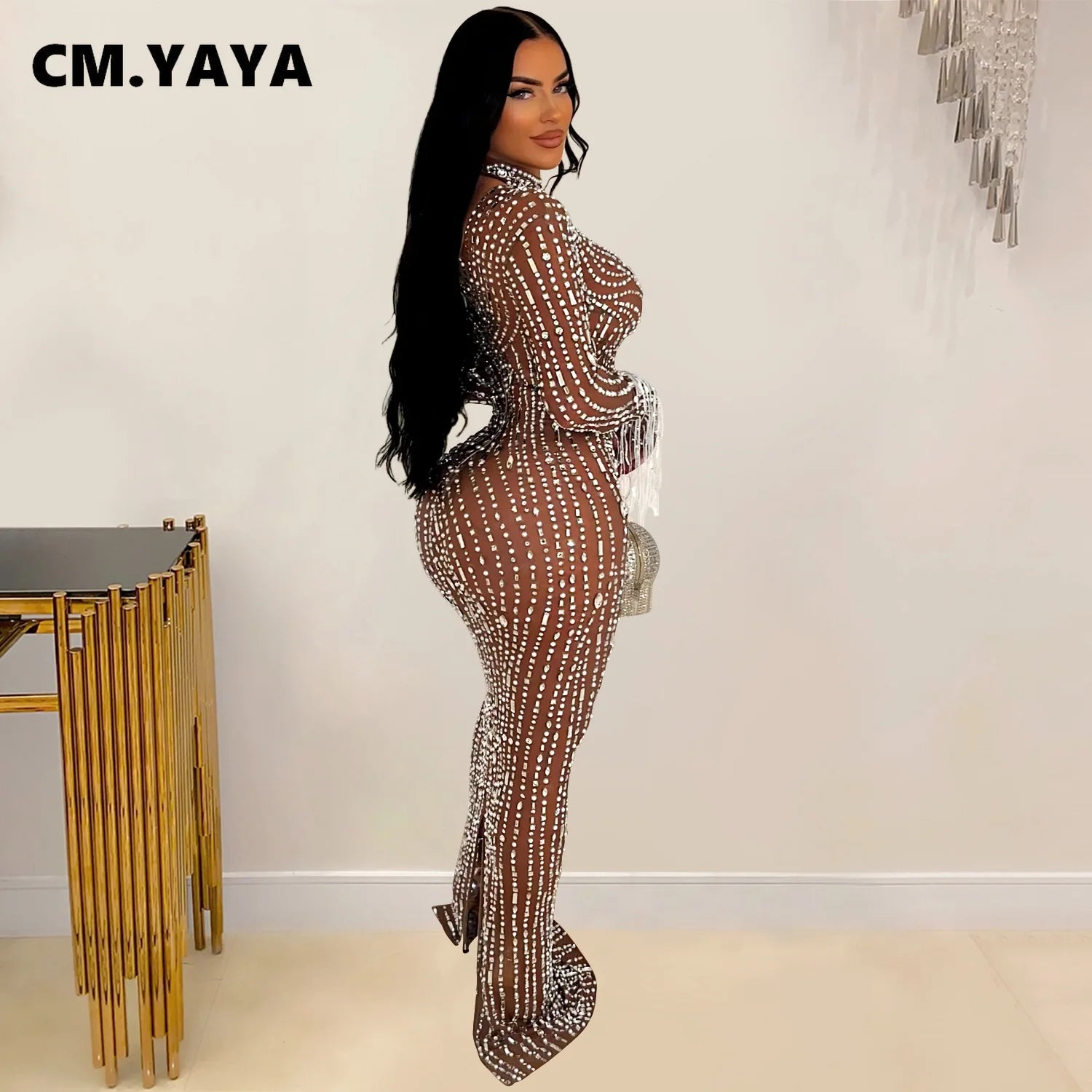 CM.YAYA 2024 Women Long Sleeve Mesh See Through Diamonds Hot Rhinestones Bodycon Dress Woman Maxi Long Evening Birthday Dresses