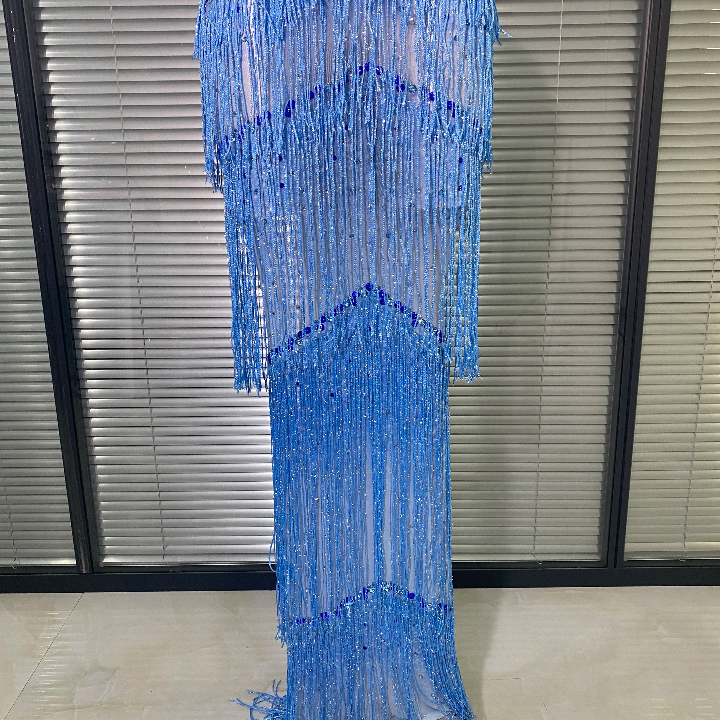 New Women Sexy Mesh Crystal Diamonds Maxi Dress See Through Blue Tassel Party Stage Costume Stage Performance Dress