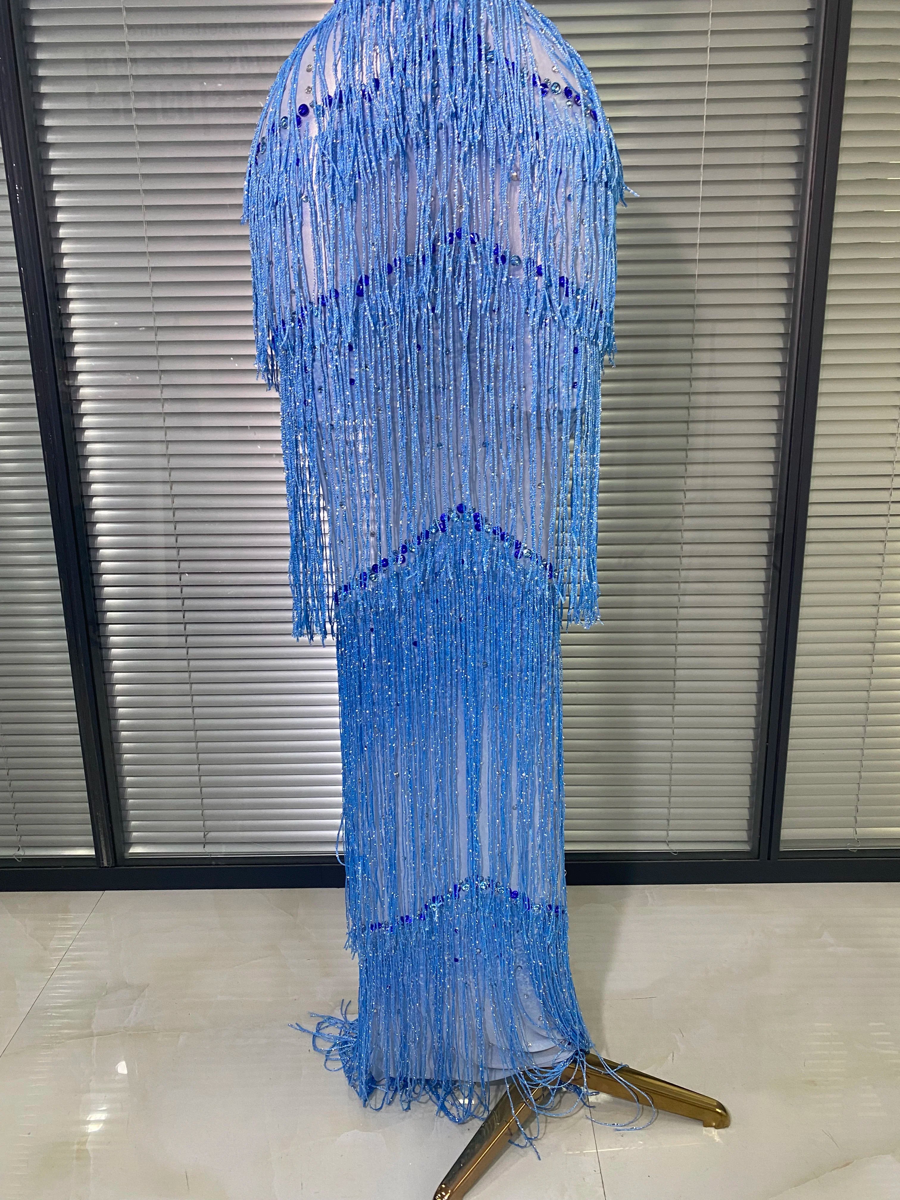 New Women Sexy Mesh Crystal Diamonds Maxi Dress See Through Blue Tassel Party Stage Costume Stage Performance Dress