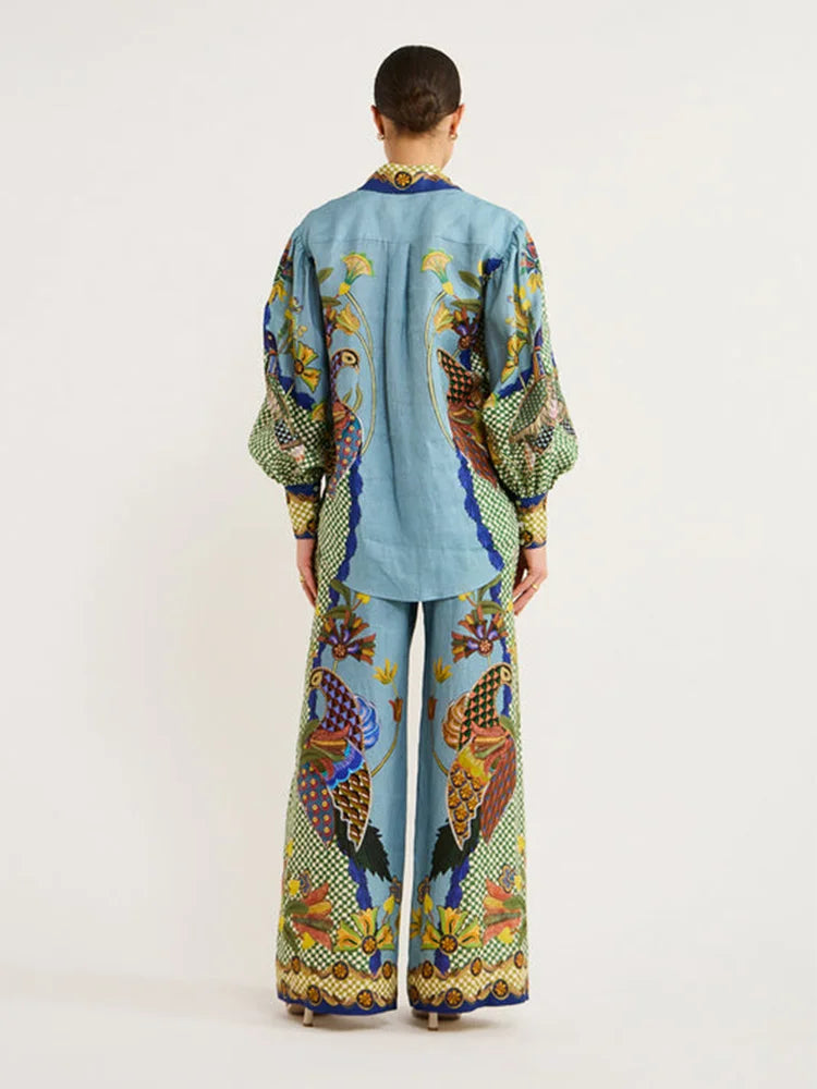 New In Birds Flower Printed Two Piece Set Women Lantern Sleeve Lapel Shirts High Waist Flare Pants Suit For Women Outfits