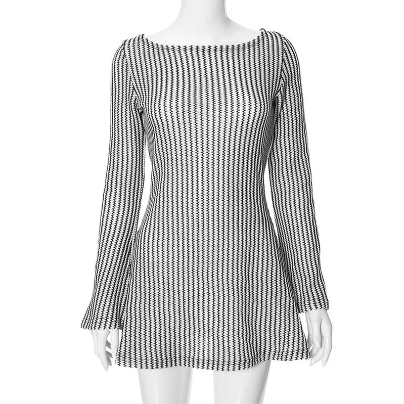 2023 Winter Sexy Hot Girl Back Hollow Air Striped Retro Long Sleeve Dress Elegant Luxurious Club Outfit Vestidos