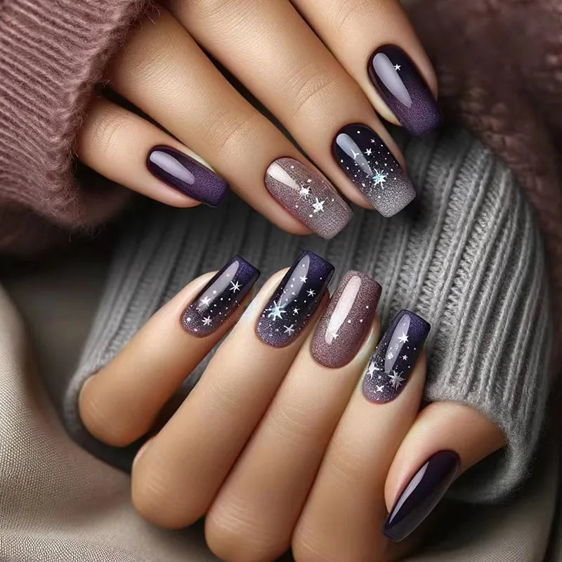 24pcs French Press on Nails Blue False Nails Wearable Stick-on Nails Fake Nail Uñas Postizas Накладные Ногти Faux Ongles 네일팁
