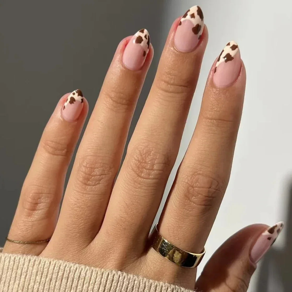 Cherry Leopard Print Almond Fake Nails Art Ballet Pointed False Nails Charms Flower Star Love Heart Press on Nails Manicure Tool