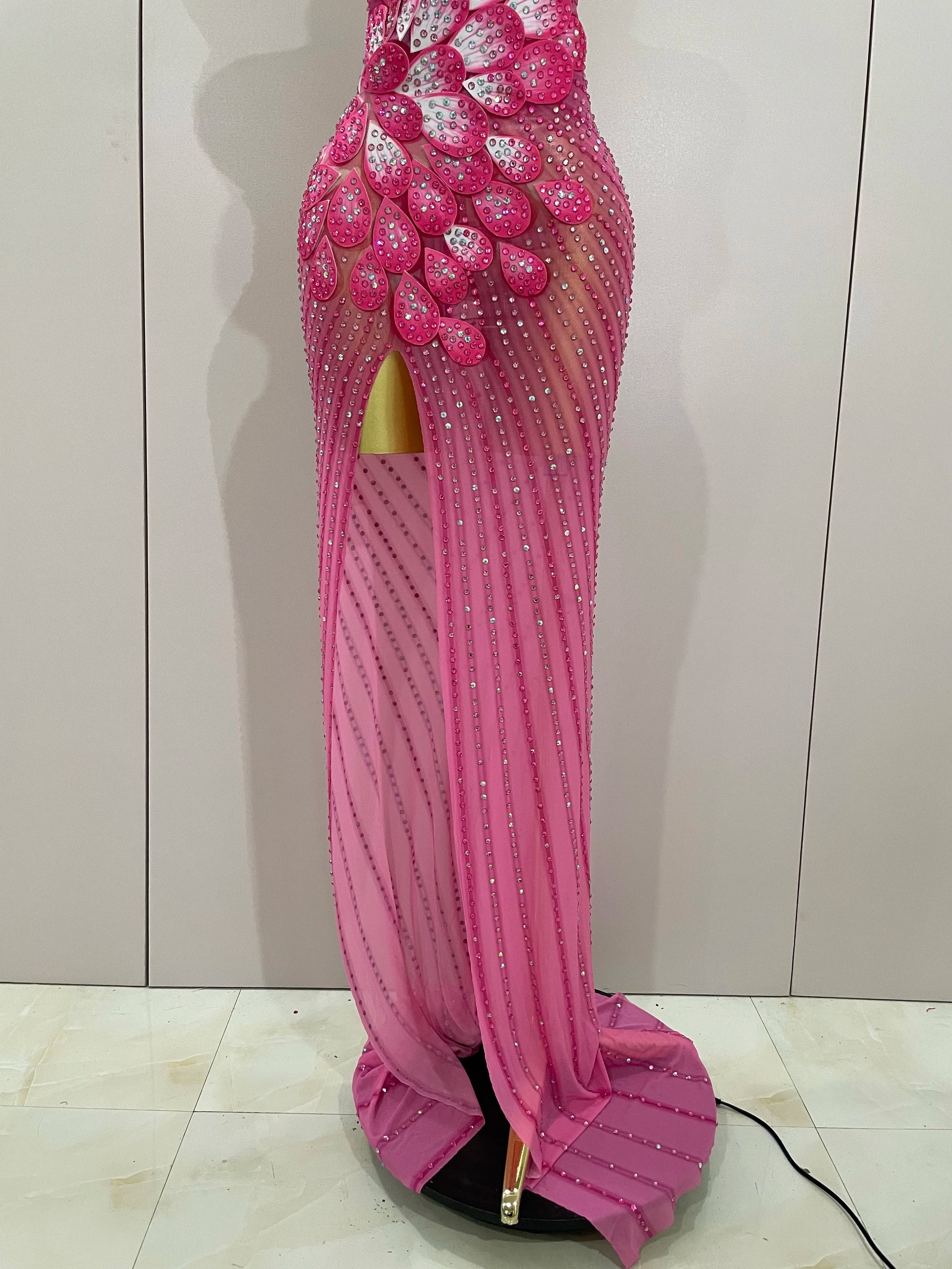 Luxury Shinning Rhinestones Flowers Sexy One Shoulder Bodycon Maxi Long Dress 2025 Women Evening Birthday Party Stage Costume