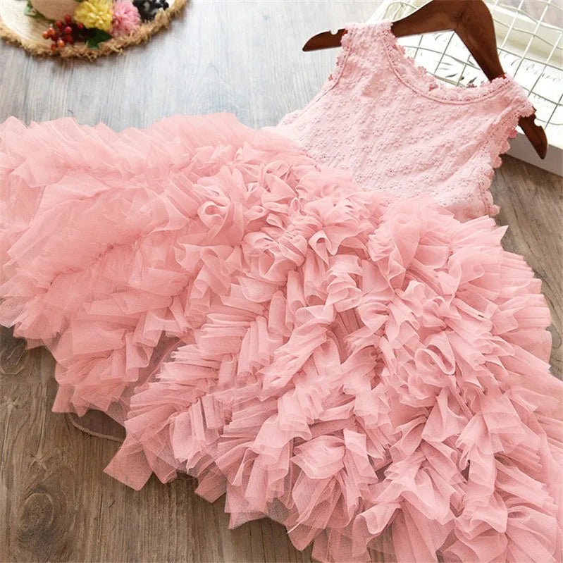 Elegant Flower Girls Dress Wedding Party Princess Dress Casual Kids Clothes Lace Long Sleeves Dress Children's Vestidos For 3-8T 411 Light pink