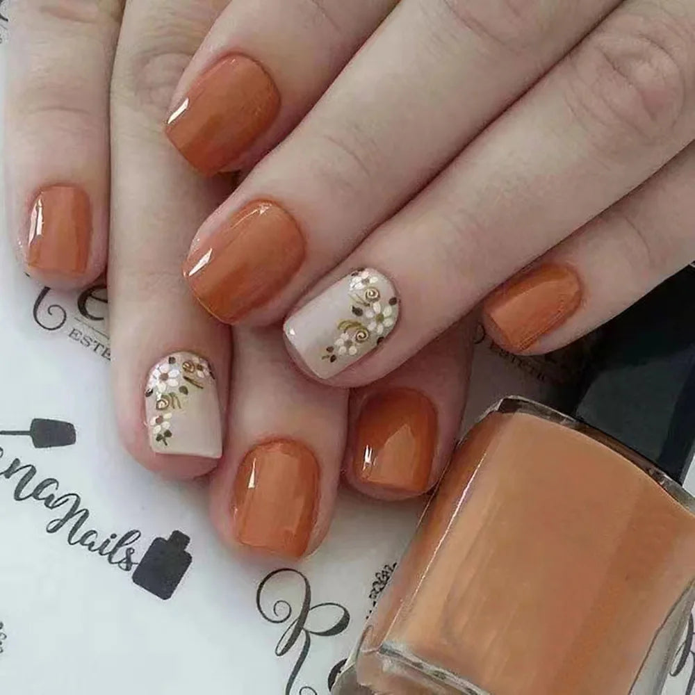 24pcs/set short square fake nails for women girls faux ongles fashion glitter geometric flowers design press on false nail kit