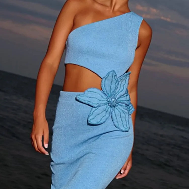 Bandage Dress Women Celebrity Sexy One Shoulder Cut Out Sky Blue Flower Midi Bodycon Elegant Evening Club Party Dress