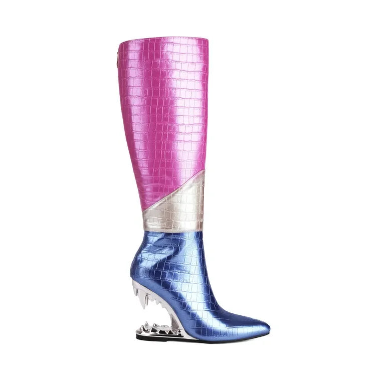 Short Plush 10cm Wolf Teeth Heel Knee Length Boots Back Zipper Pointed Colored Calf Winter Boots Silver Autumn Boots 973-color Plush-ZIP