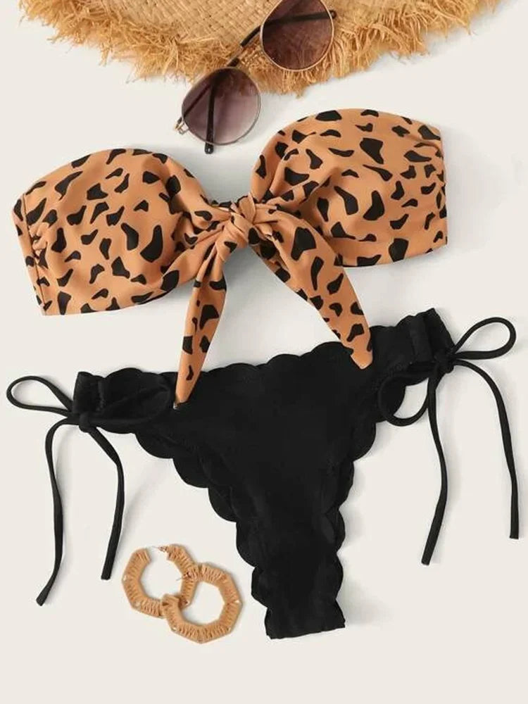 Sexy Scalloped Marble Print Bikini Women Bandeau Swimwear Female Swimsuit Two-pieces Bikini set Knotted Bather Bathing Suit Swim B582Black