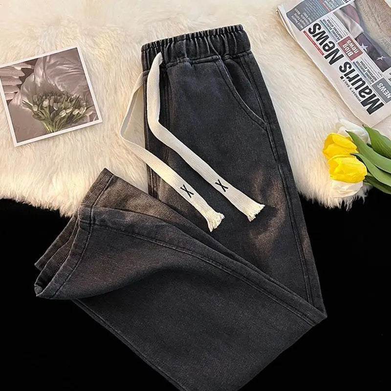 Spring And Winter Wide-leg Jeans Women Loose Straight Leg All Draped Trousers Students High-waisted Nine-point Pants Black