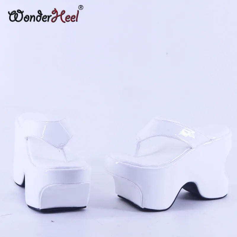 Wonderheel Summer 12cm Height Increasing Heels Platform Japanese Modern Women Sandals Mirror Leather Slip On Big Size