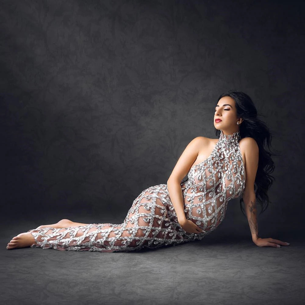 Rhinestone Maternity Photoshoot Dresses Sexy Crystals Sparkling Stretchy Mesh Dress For Pregnant Women Pregnancy Photography WHITE