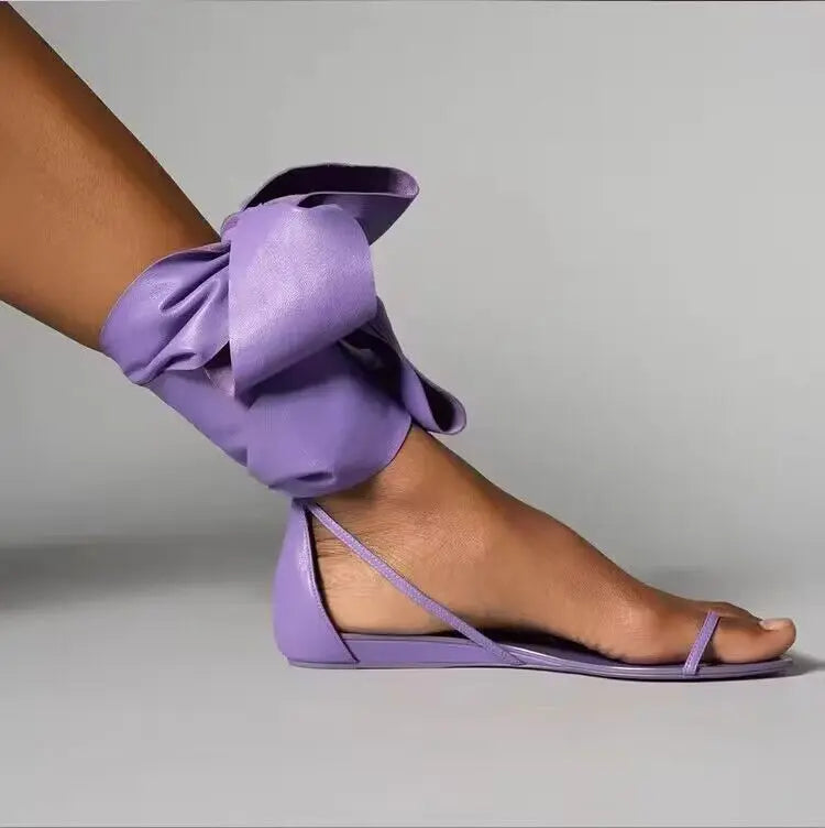 Hot Pink Blue Soft Leather Clip Toe Cover Heel Flat Summer Sandals Woman Ankle Wrap Lace Up Butterfly Knot Flats Beach Shoes