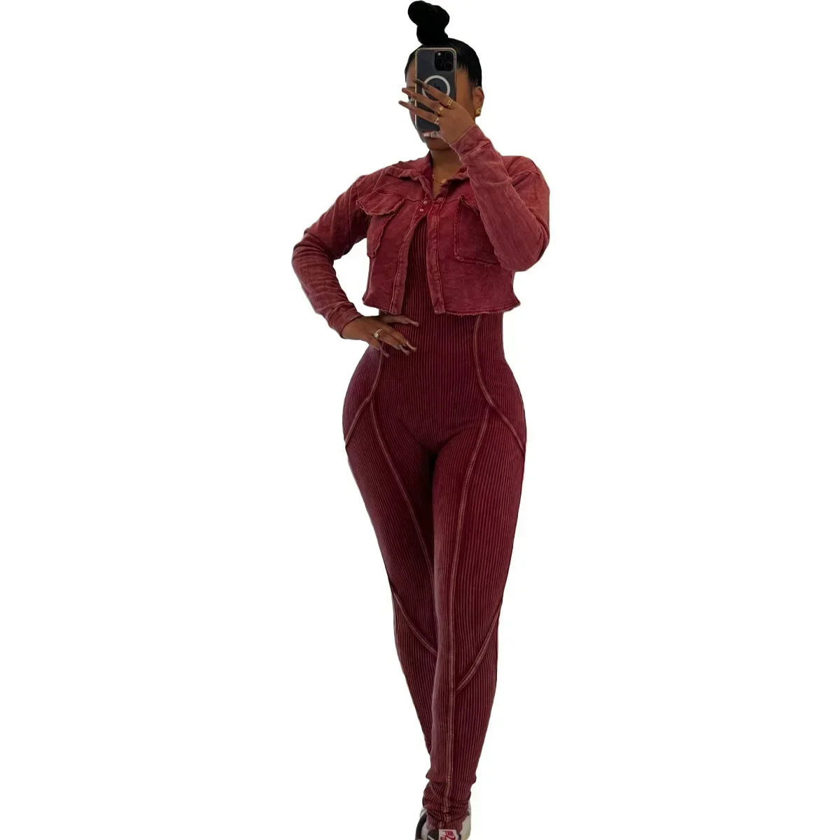 CM.YAYA Fashion Women's Set Washed Knitted Long Sleeve V-neck Coats+pencil Jumpsuits Active Two 2 Piece Set Outfits Tracksuit