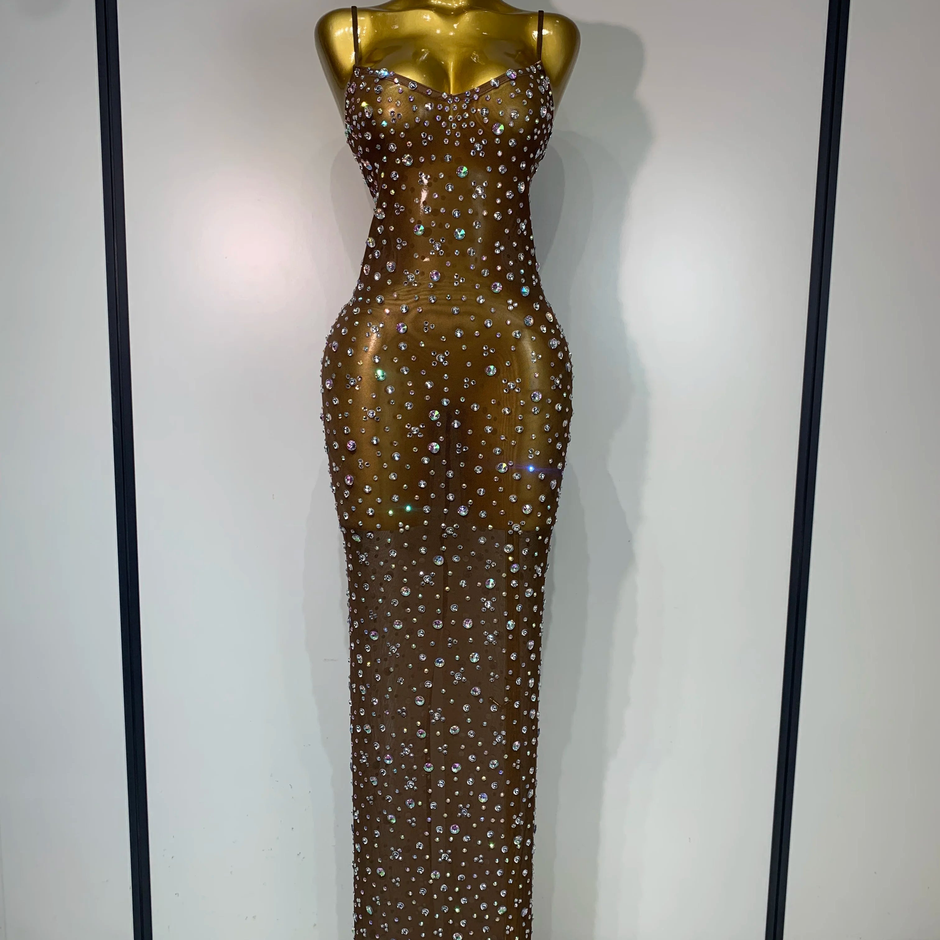 Sparkly Rhinestone Stretchy Mesh See Through Dress Women 2025 Performance Dancer Costume Luxury Birthday Nightclub Stage Outfit