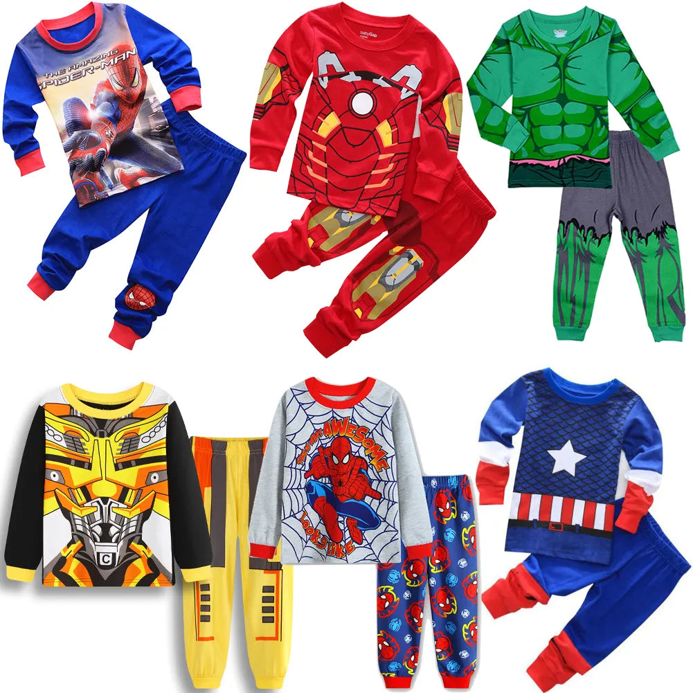 Children's Pyjamas Spiderman Iron Man Set Kids Sleepers Hero Collection Set Boys Girls Cartoon Long Sleeve Sleepwear 2-7T