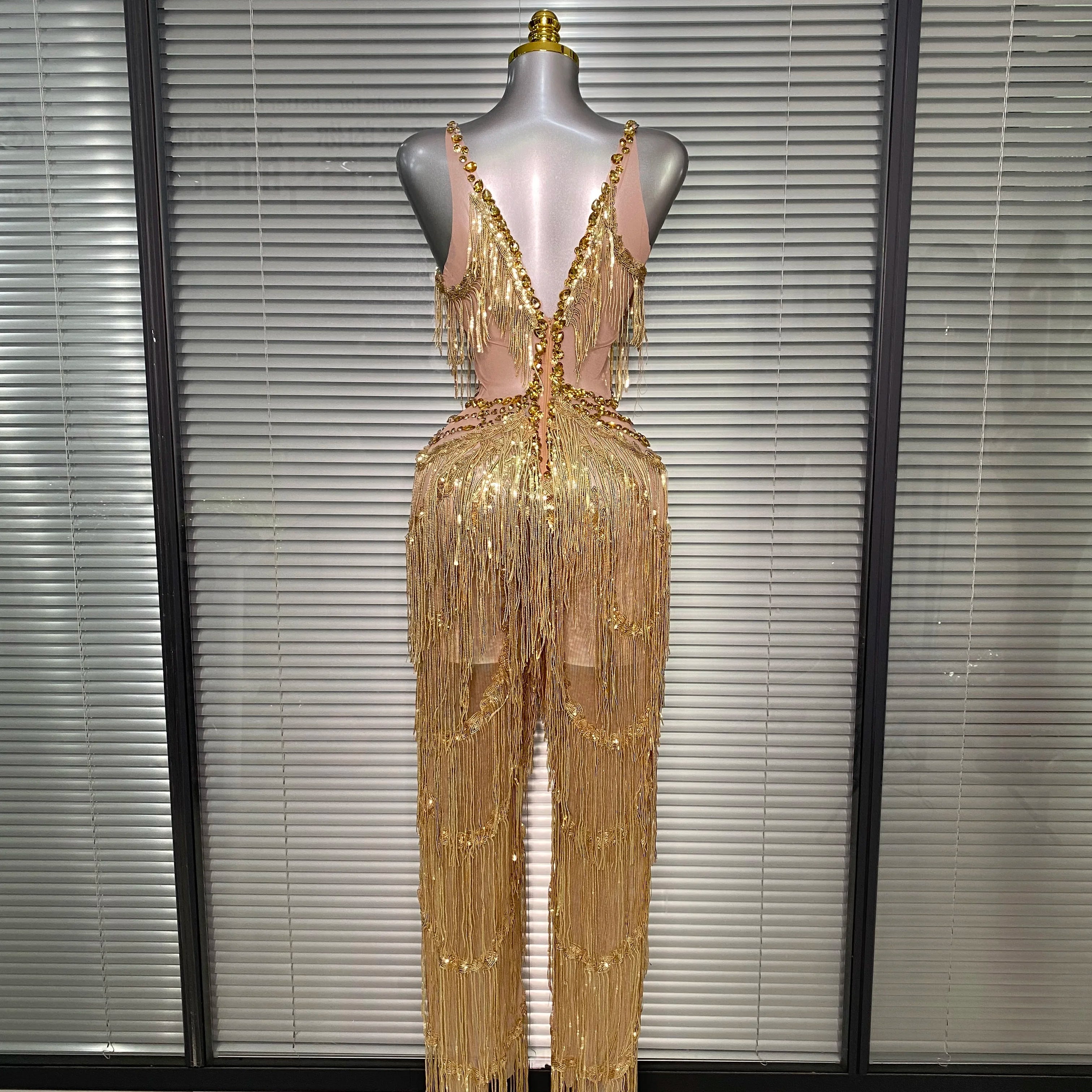 Brand New 2025 Women Sexy Gold Tassel Crystal Jumpsuit Celebrity Designer Stretchy Singer Dancer Stage Night Club Rompers