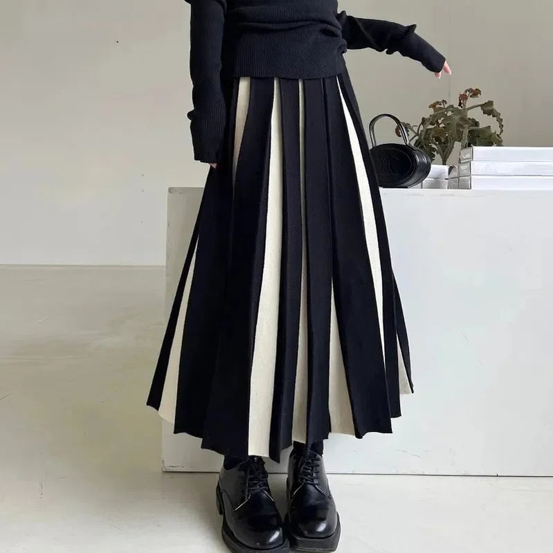 Fashion Patchwork Knitted Long Skirt Women Spring High Waist Pleated Skirt Woman Chic Striped Mixed Color Midi Skirts Mujer WHITE