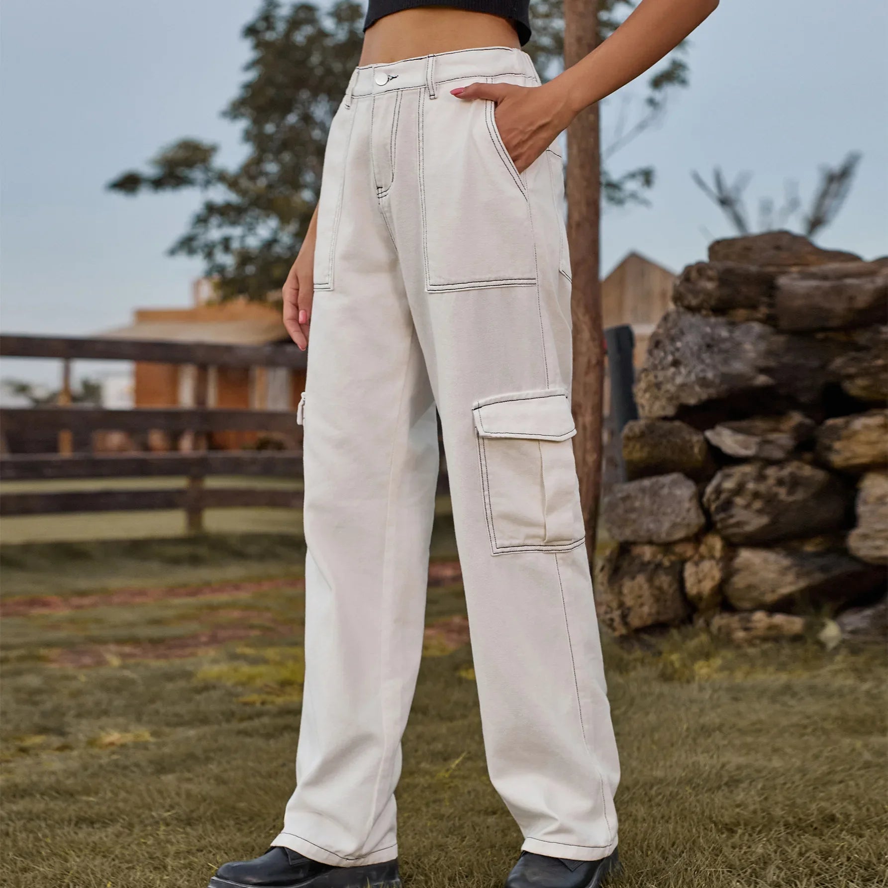 Women's trend cargo pants women New denim with semi elastic design personalized and versatile workwear pants White black line