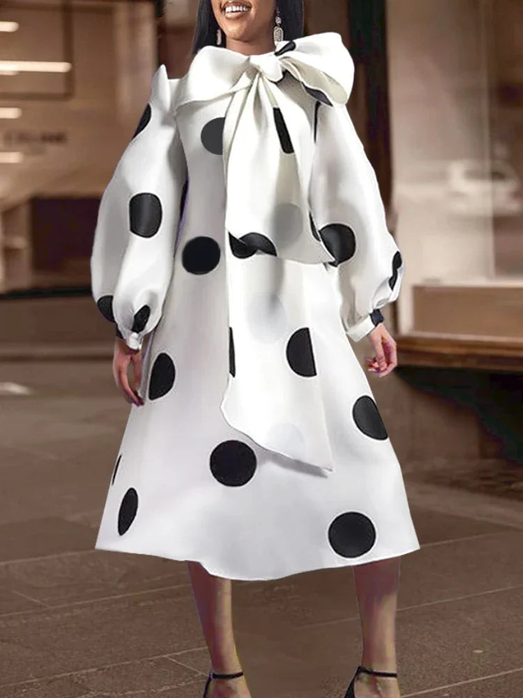 Women White Dress Polka Dot Print Big Bow Lantern Sleeve Spring Elegant Fashion Birthday Party Evening Plus Size Gown Robes 4XL