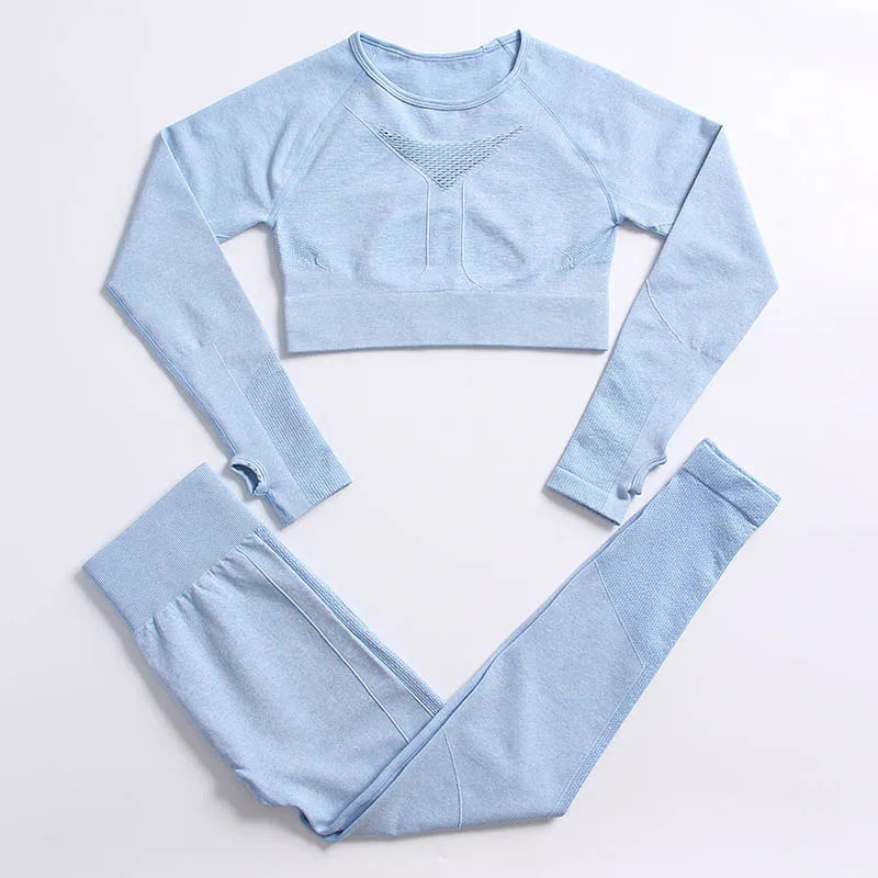 2PCS Seamless Women Sports Suits Yoga Set Workout Sportswear Gym Clothing Fitness Long Sleeve Crop Top High Waist Leggings ShirtsPantsBlue