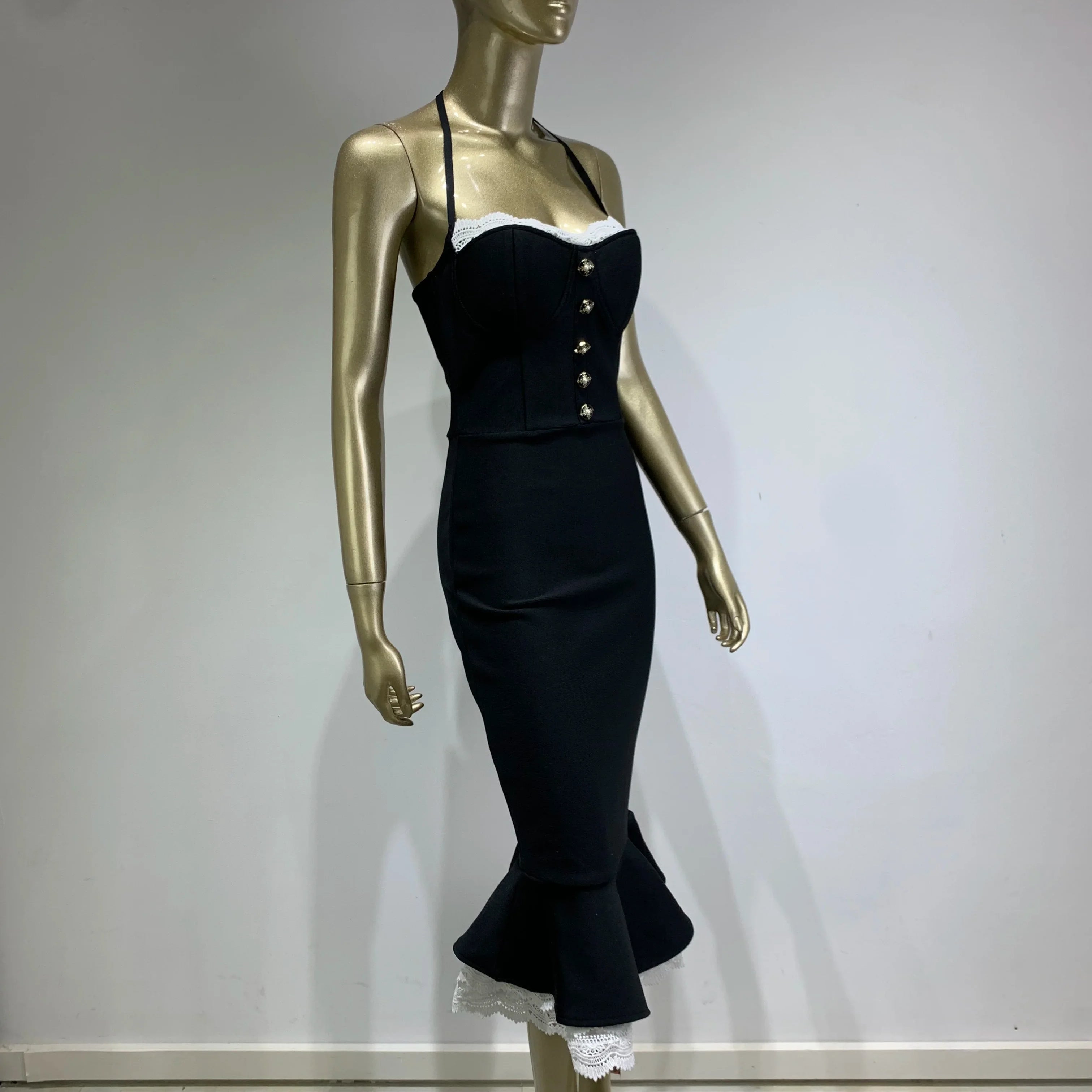 Vestido feminino sexy sem costas halter preto sereia midi bodycon bandage elegante vestido de festa para noite