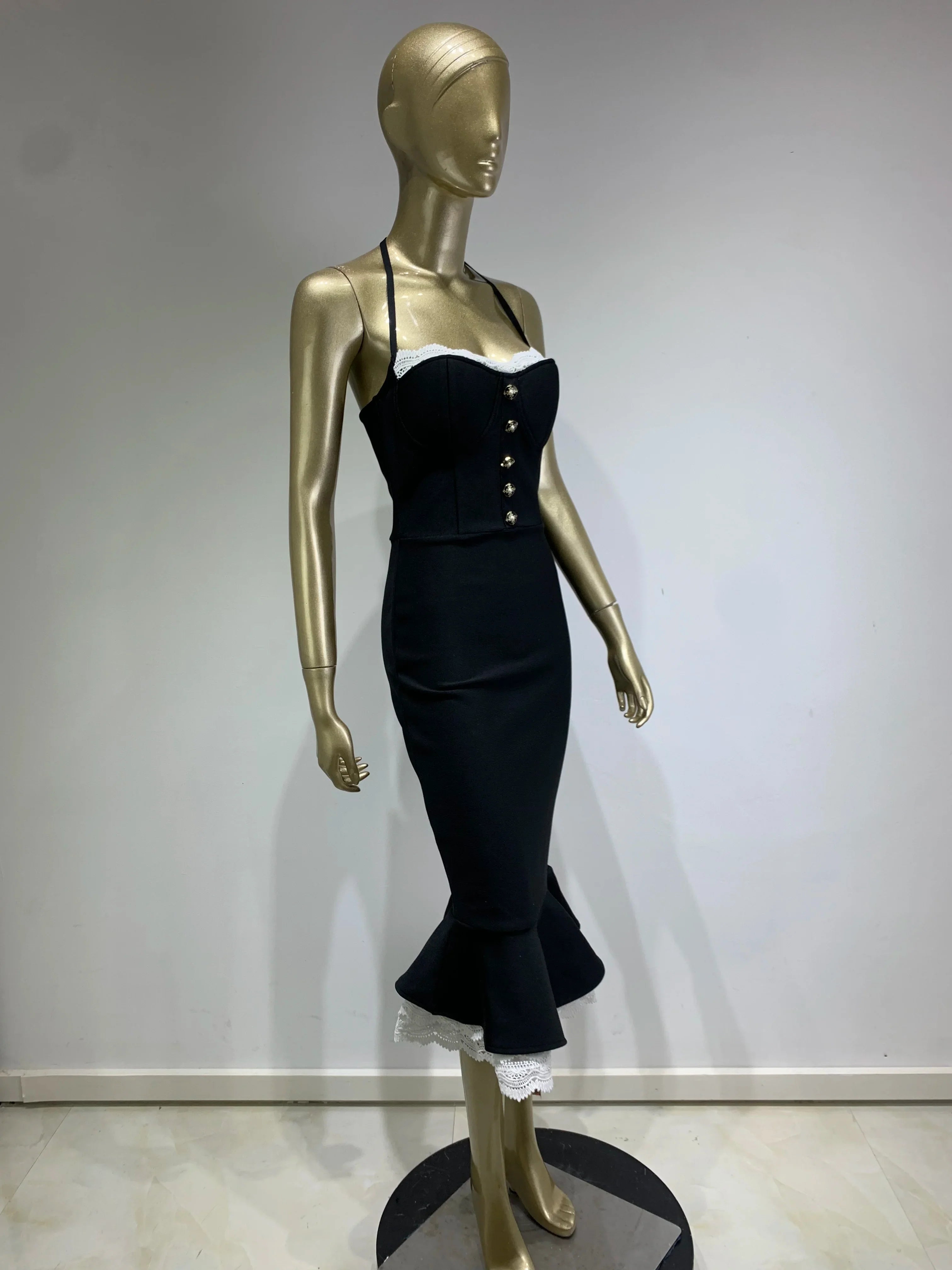 Vestido feminino sexy sem costas halter preto sereia midi bodycon bandage elegante vestido de festa para noite