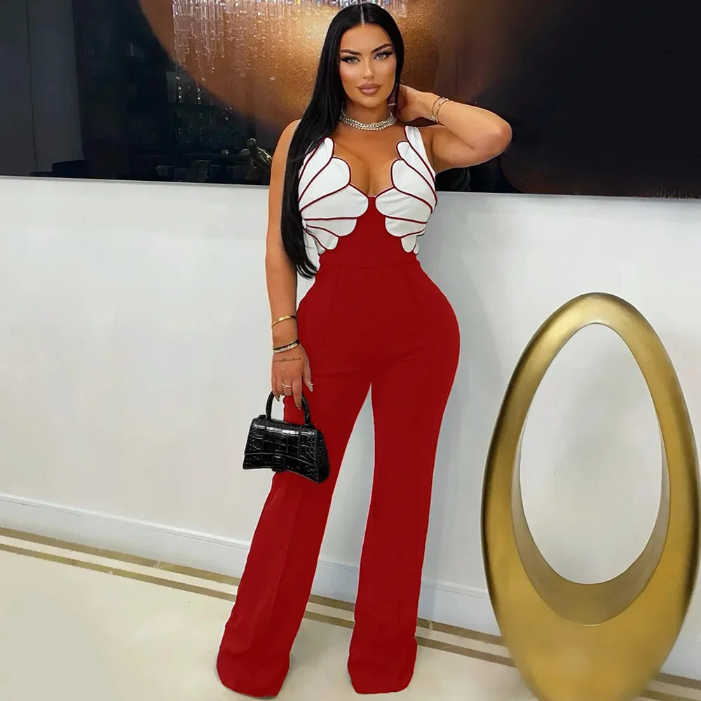 CM.YAYA Women V-Neck Backless Wide Leg Straight Sleeveless Jumpsuits 2025 Spring Patchwork Sexy One Piece Set Streetwear Outfits