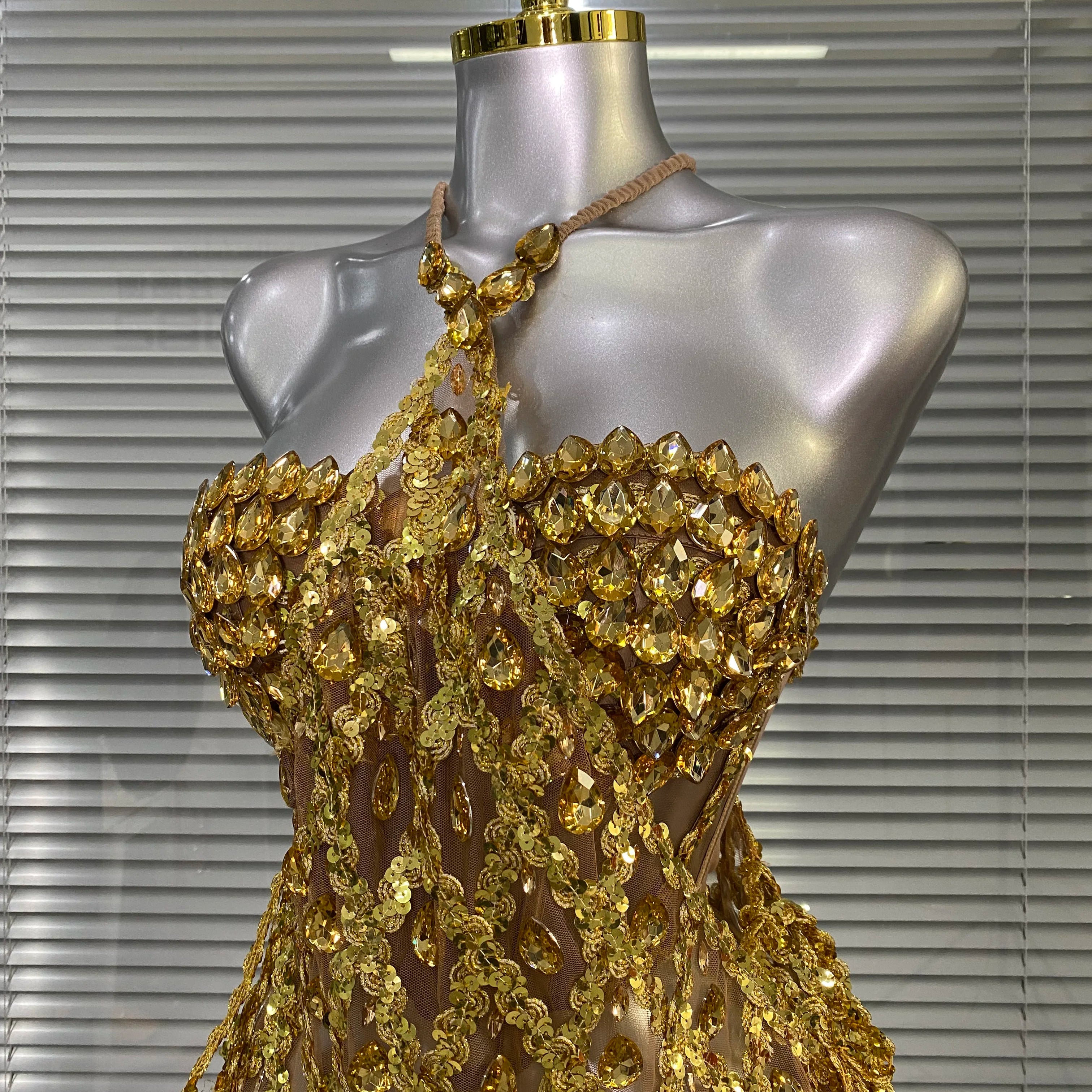 Women Sexy See Through Mesh Gold Pink Costume Stage Dancer Singer Night Club Celebrity 2 Pieces Set Mini Party Dress