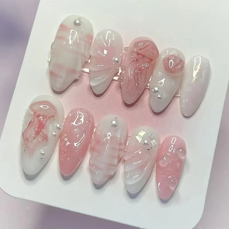 24Pcs Mid-length Almond Fake Nails 3D Flower Starfish Press on False Nails Pink Smudge French Pearl Reusable Full Cover Nail Tip