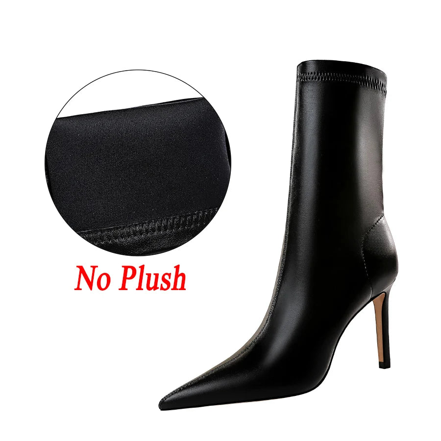 Women Leather 7.5cm 9.5cm High Heels Boots Lady Brown Spring Winter Warm Pointed Toe Boots Fetish Booties Nightclub Party Shoes 9.5cm Black