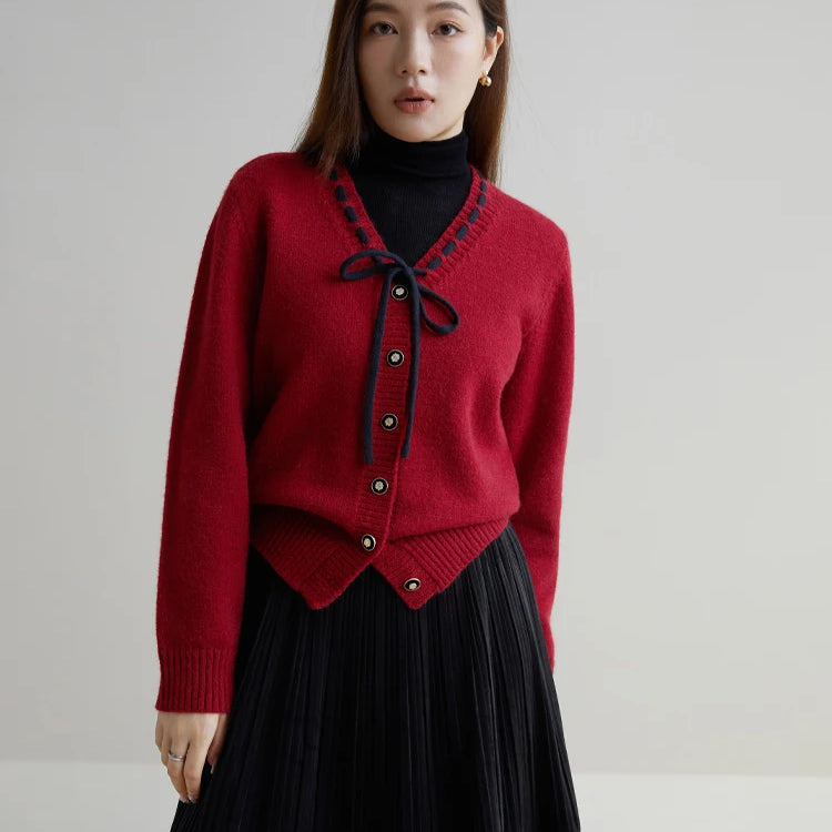 Women Sweet V-Neck Lace-up Red Sweaters Winter Gentle Female Sweater Jacket Temperament Knitted Black Cardigans Red