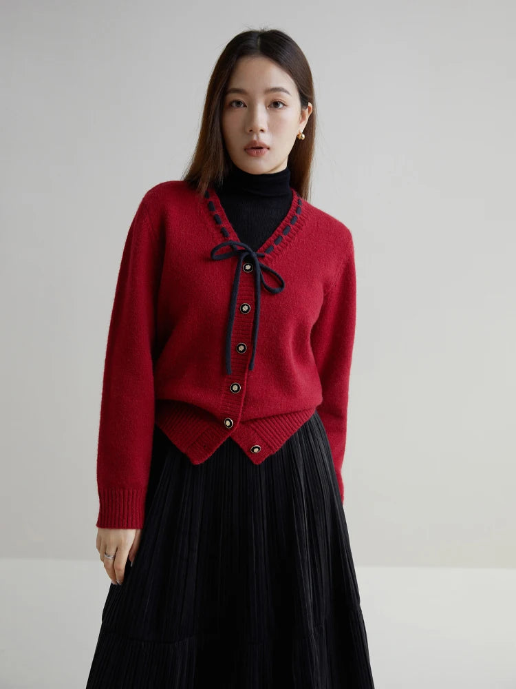 Women Sweet V-Neck Lace-up Red Sweaters Winter Gentle Female Sweater Jacket Temperament Knitted Black Cardigans Red