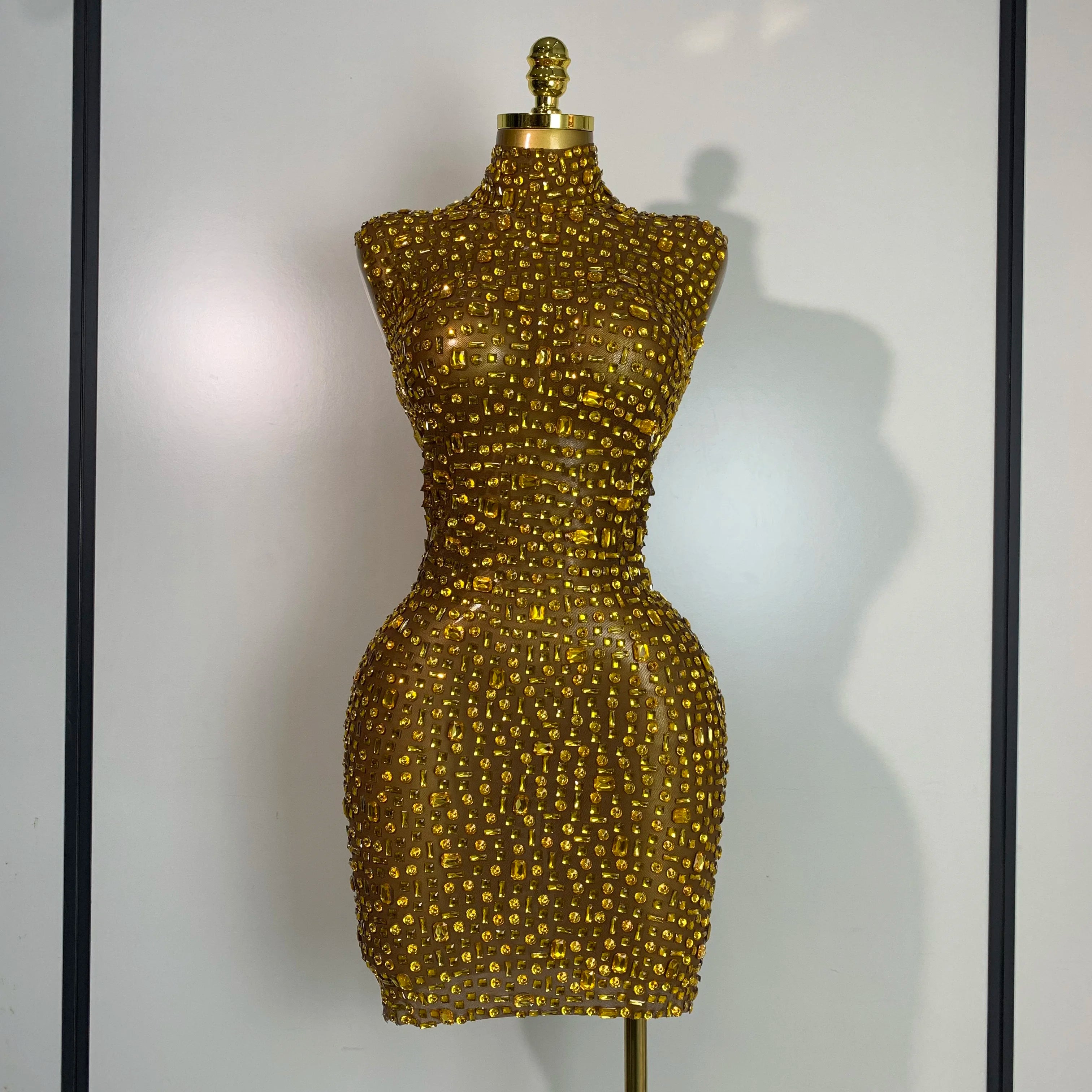 Women Luxury Gold Rhinestone Sexy Mesh Short Dress Sparkly Stage Costume Elegant Party Birthday Dresses Nightclub Singer Outf