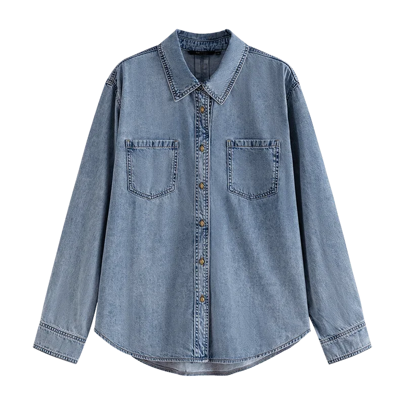 Deep Blue Soft Denim Shirt Women's Autumn Winter Long Sleeved Retro Casual Layered Shirt Blue Women Tops For Work Light Blue