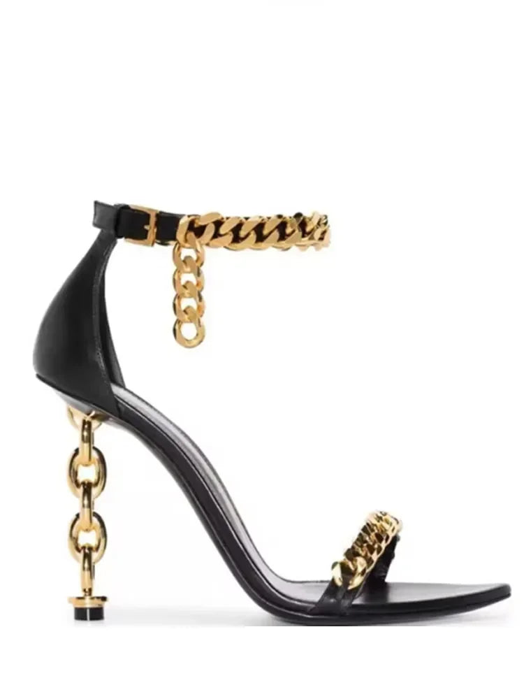 European and American Summer New Metal Chain High Heel Sandals Fashion Show One Line Sexy Open Teeth Women's Sandals black