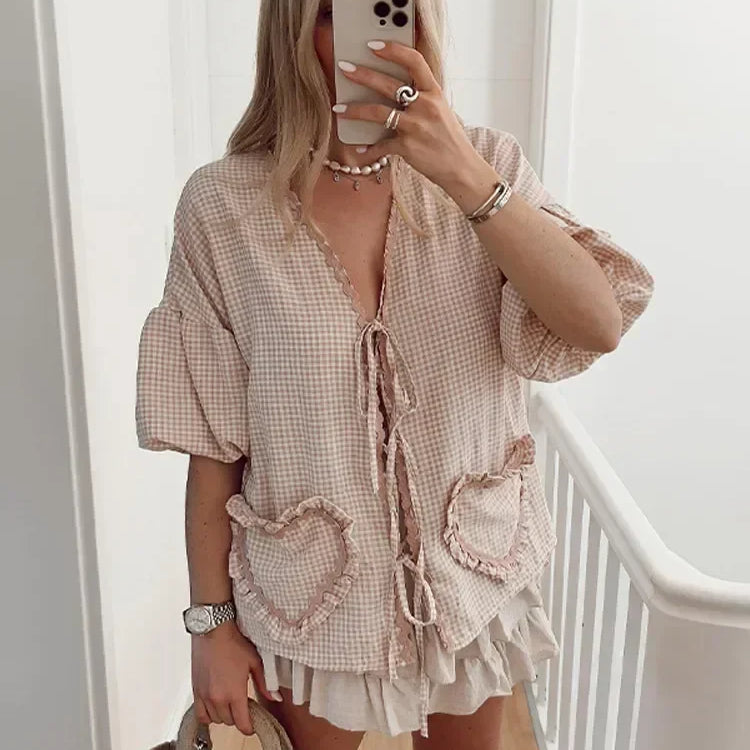 Fashion Plaid Ruffle Lace Up Shirt Women Sweet V Neck Half Puff Sleeve Heart Shaped Pocket Tops Female Loose Lady Street Blouse
