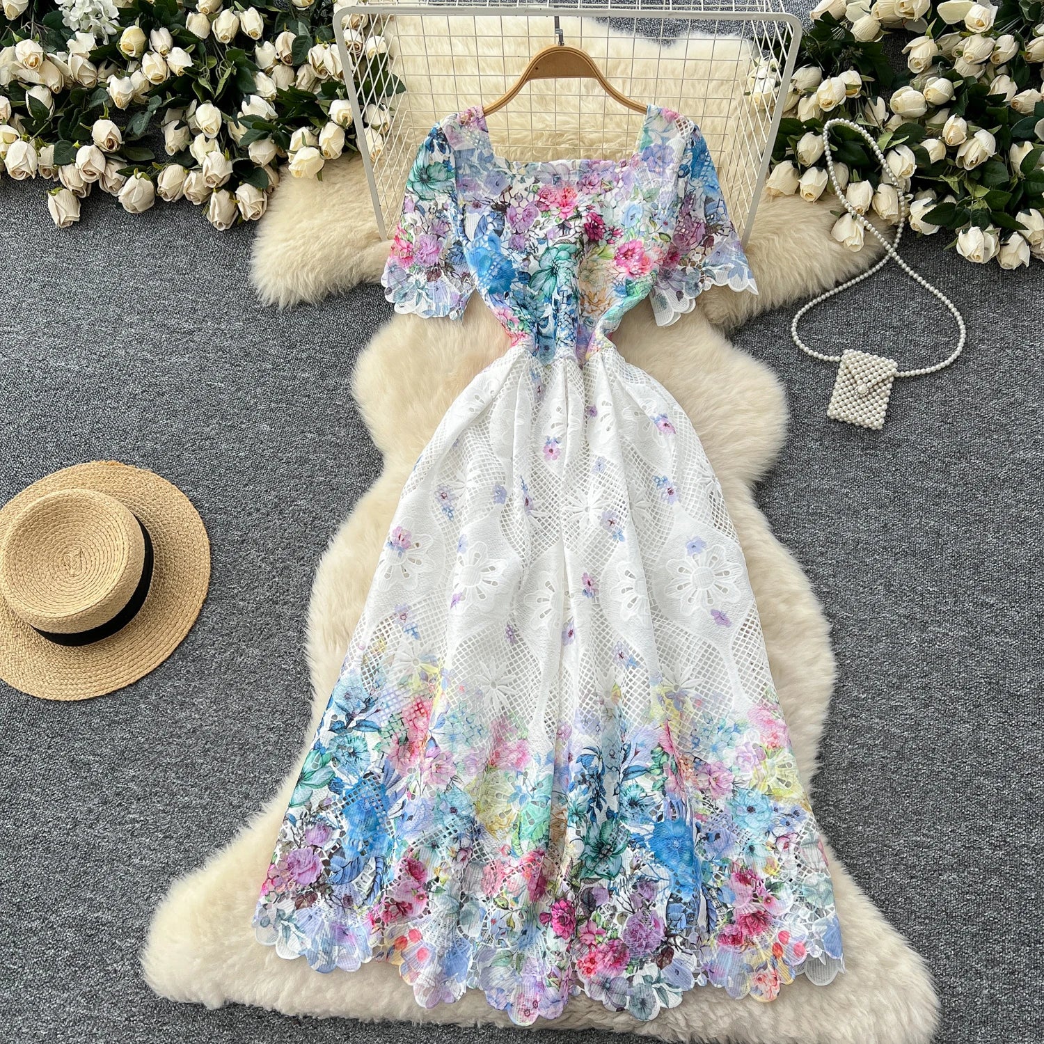 Hook flower hollow lace  pleated  Elegant Bodycon Dress Slim Party Club  Vintage Dress Korean Fashion Women Clothes