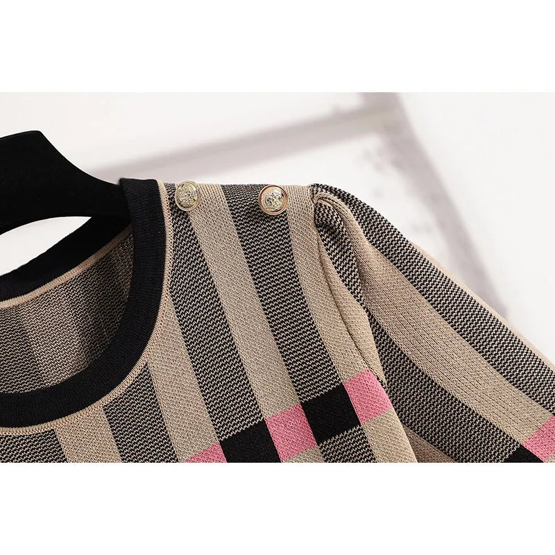 Women Knitted Dresses Spring Autumn Short Sleeve Fashion Striped Slim Sweater Tunics Female Vintage Chic Vestidos