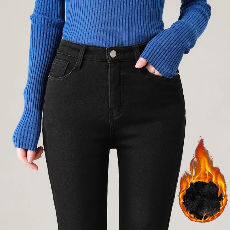 Winter Women Thermal Denim Skinny Stretch Jeans Oversized High Waist Plush Warm Lamb Fleece Mom Pants Plus Size Pencil Trousers black