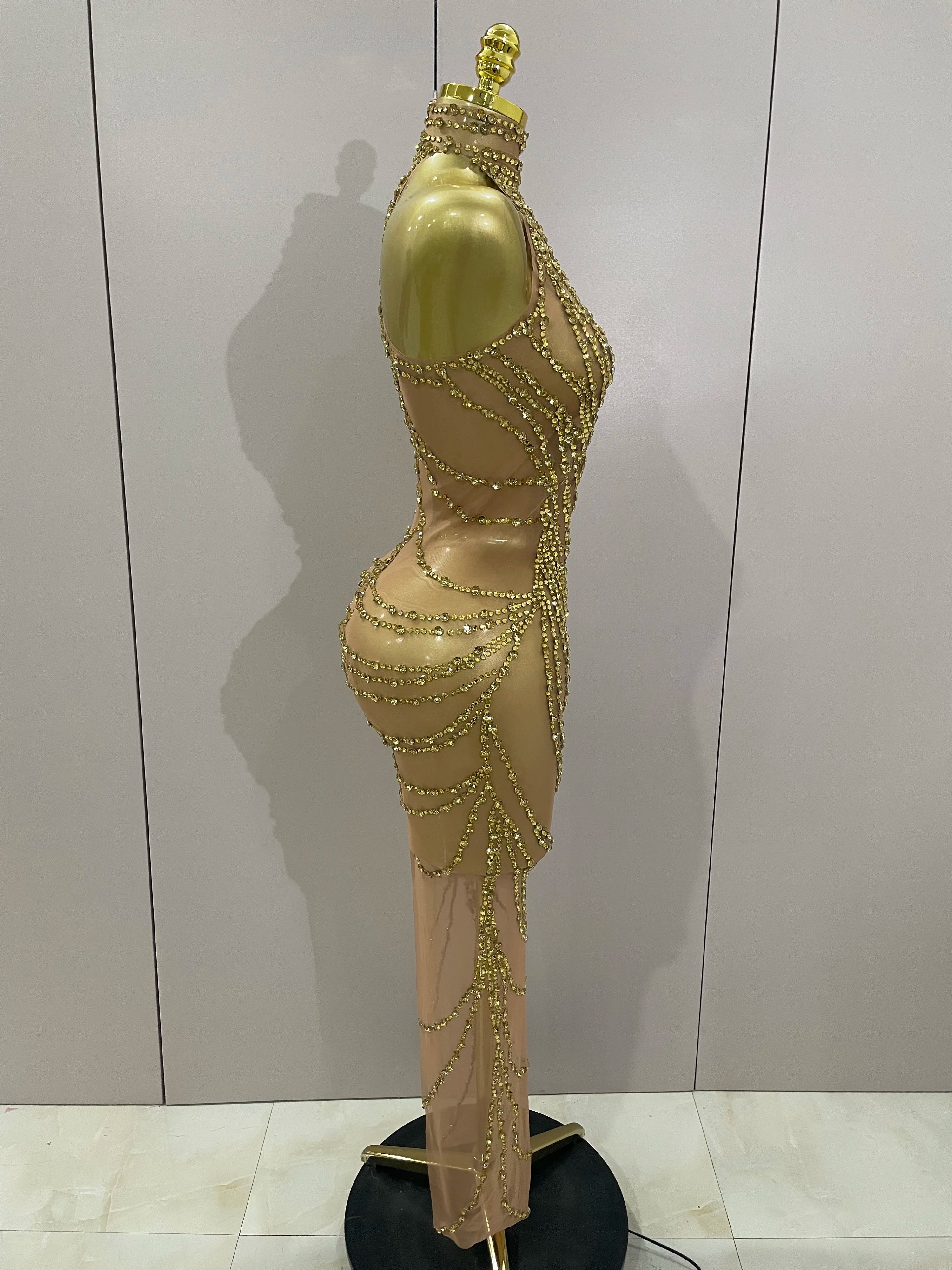 Luxury Sparkly Gold Rhinestone Sexy Transparent Mesh Long Dress 2025 Women Birthday Party Gown Stage Singer Performance Costume