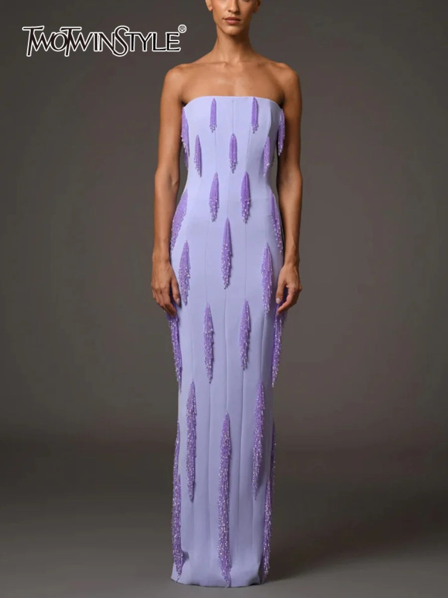 TWOTWINSTYLE Purple Slimming Spliced Bead Elegant Dresses for Women Strapless Sleeveless Temperament Dress Female Clothing New