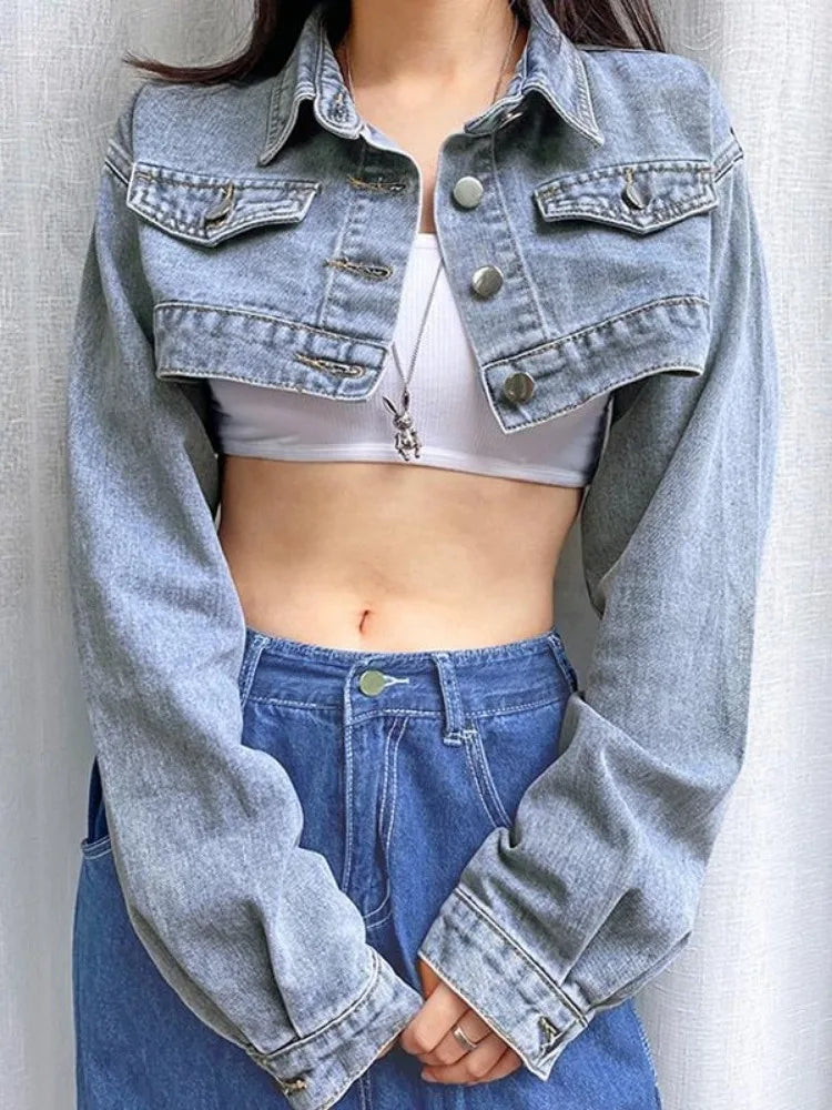 Deeptown Vintage Long Sleeve Crop Denim Jacket Women Fashion Jeans Bomber Jackets Cardigan Coat Spring Casual Coats Clothes