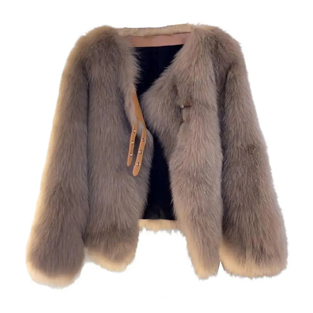 Auutmn Winter Cardigan Coat Furry Plush Buckle And Strap Decor Long Sleeves Thickened Faux Fur Knitted Sweater Jacket Coffee