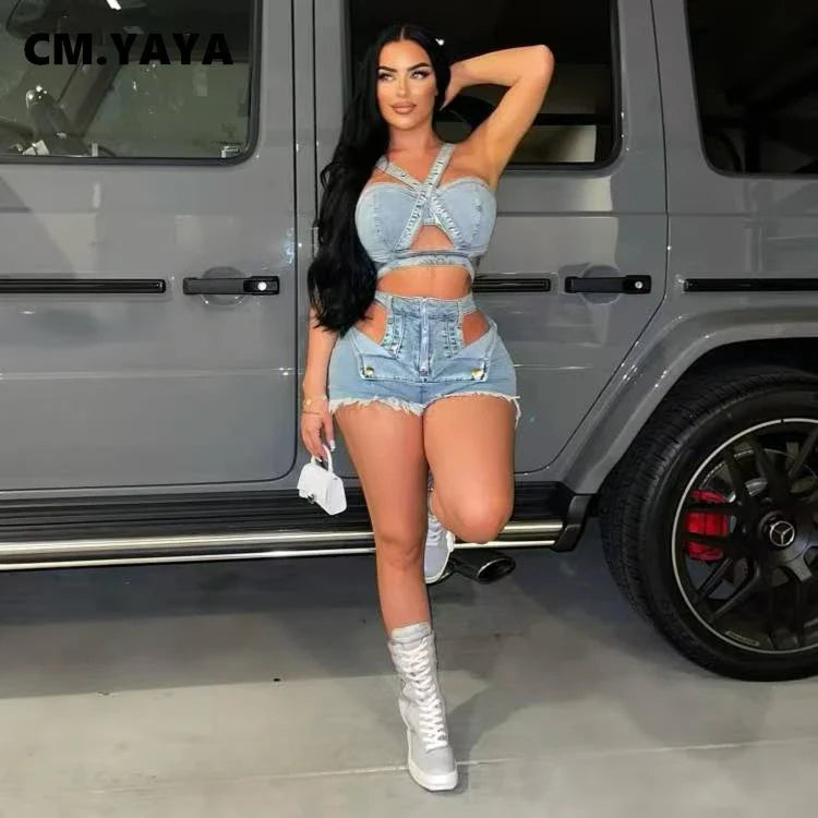 CM.YAYA Fashion Denim Cutout Women's Set Wrap Strap Crop Top and Shorts Jeans 2025 Summer Two 2 Piece Sets Outfits Tracksuit