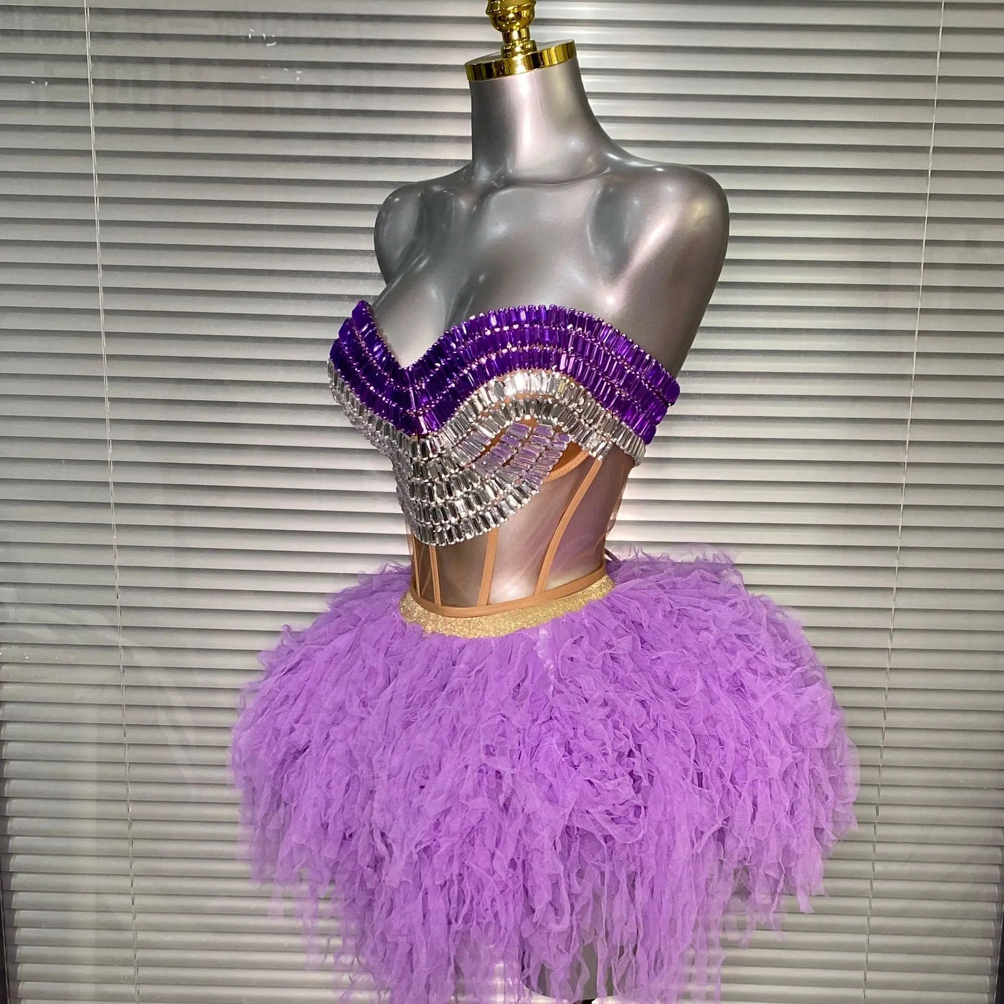 Luxury Sparkly Rhinestone Women Sexy Strapless Short Backless Dress Birthday Party Nightclub Outfit Dancer Performance Costume