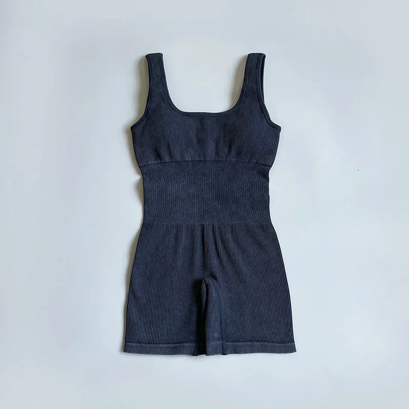 Women's Yoga Jumpsuits Ribbed One Piece Padded Tank Tops Rompers Sleeveless Acid Wash Activewear Unitard Sexy Bodycon Black